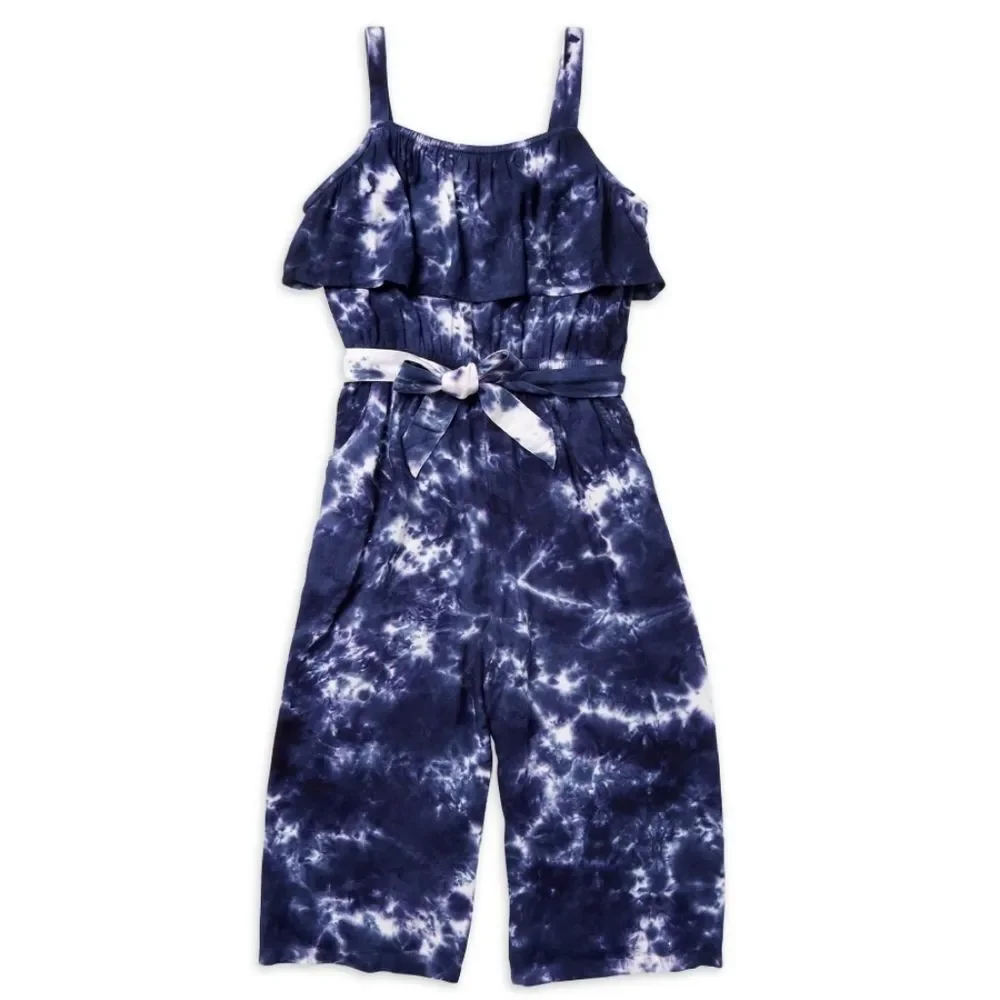 Justice Girls size small 7/8 blue tie dye Flounce Top tank capri Jumpsuit